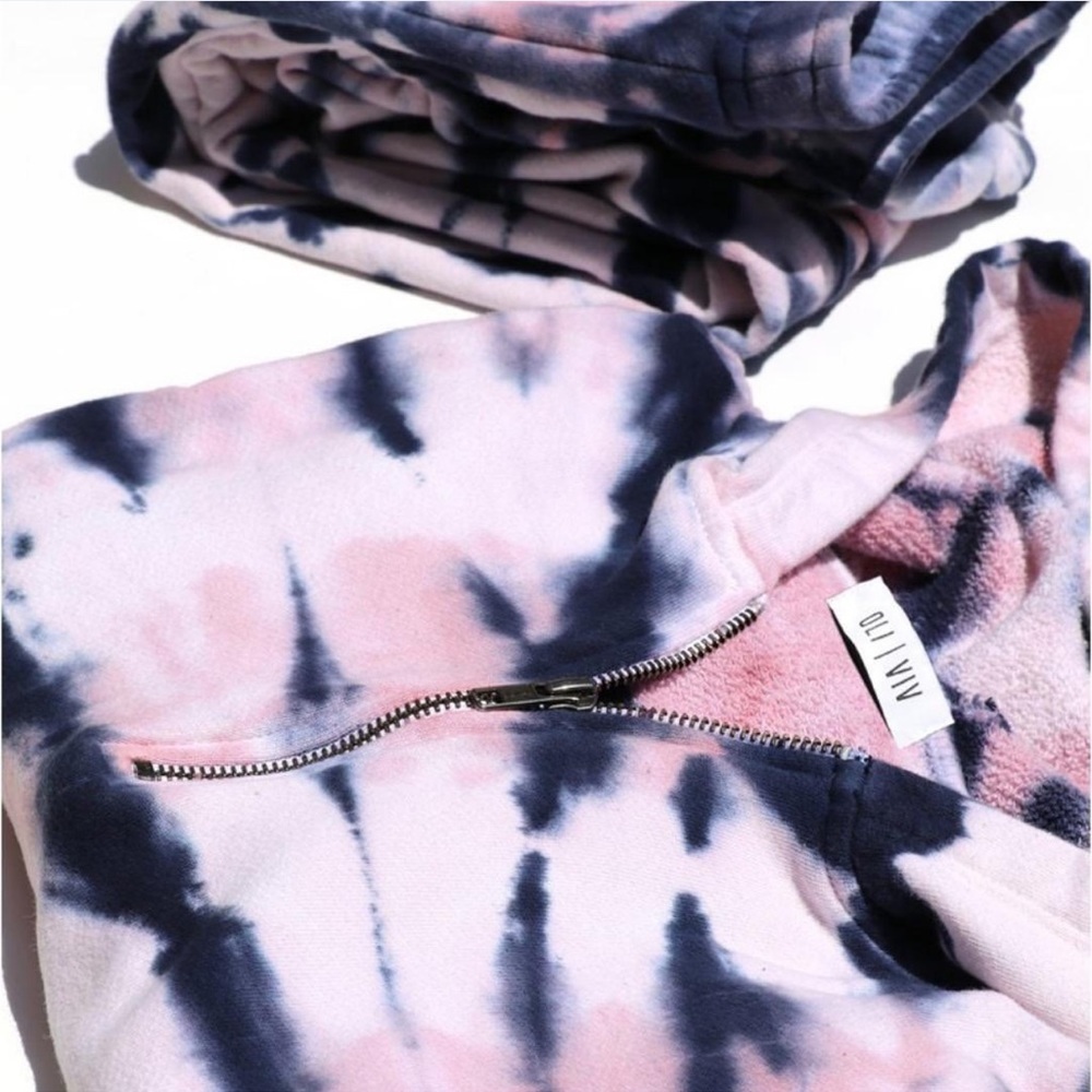 NWT OLI VIV Corey Tie Dye Quarter Zip Crop Hoodie Mauve Navy Cotton Loungewear L - Picture 5 of 16